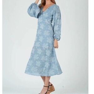 Arula Xquisite Dusty Blue Floral Jacquard Midi Dress Puff Sleeve NWT XL